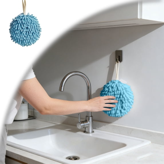 Cute Fuzzy Chenille Hand Towel Ball with Hanging Loops, Hanging Hand Towels for Bathroom Kitchen Quick Dry, Absorbent Hand Bath Towel