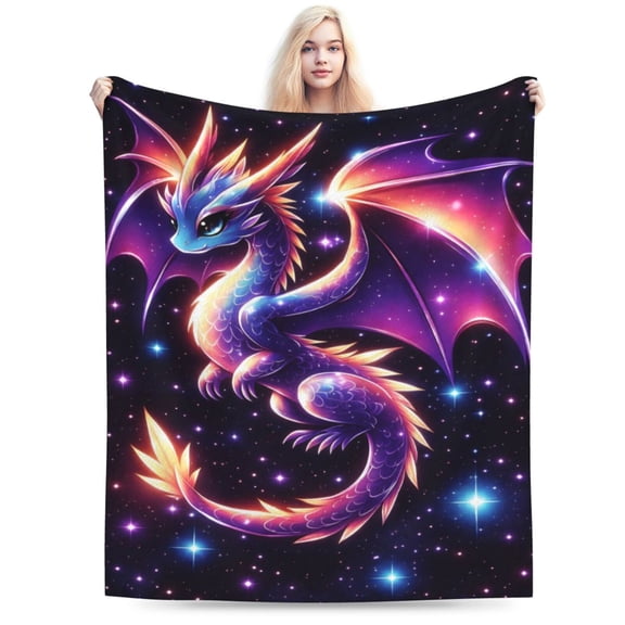 Cute Galaxy Dragon Throw Blanket, Kawaii Dragon Gifts for Kids, Sparkle Galaxy Starry Stars Animal Print Blanket, Blue Purple Pink Black 80x60