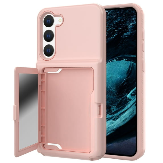 for Cute Galaxy S23 Case for Women with Credit Card Holder & Hidden Mirror, Two Layer Shockproof Heavy Duty Protection Cover Protective Wallet Case for Samsung Galaxy S23, Rosegold