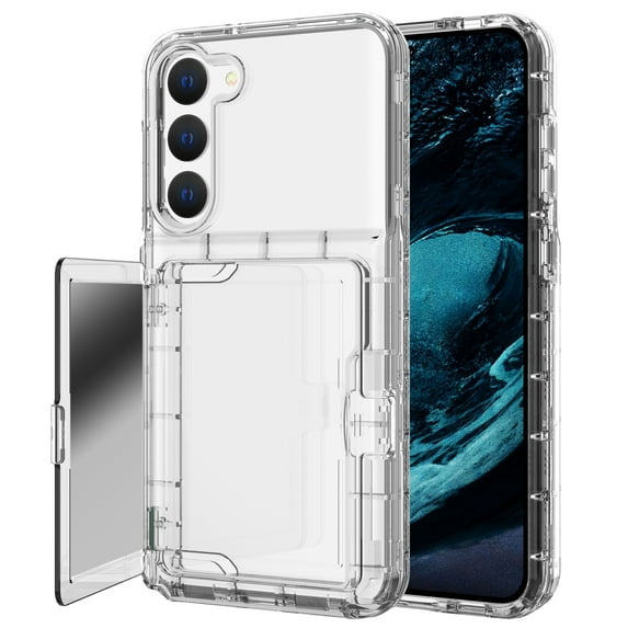 for Cute Galaxy S23 Case for Women with Credit Card Holder & Hidden Mirror, Two Layer Shockproof Heavy Duty Protection Cover Protective Wallet Case for Samsung Galaxy S23, Clear