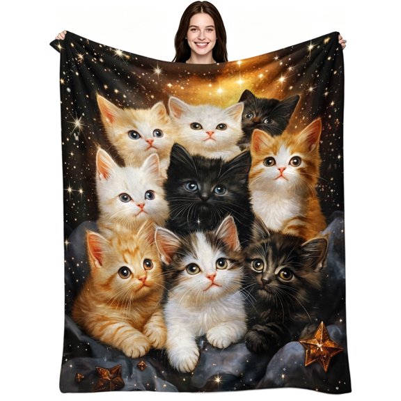 Cute Galaxy Star Kitten Print, Soft Warm Flannel Fleece, Aesthetic Fantasy Galaxy, Throw Blanket, Cozy Warm, Home Decor, Couch Sofa Bed, Cat Lovers Gift