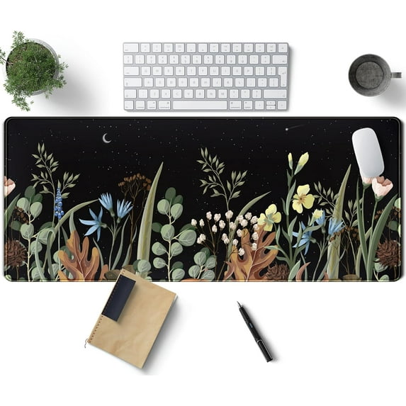 Cute Gaming Black Wild Flowers Desk Mat Mouse Pad Star Moon Floral Mousepad Large, XL Big Computer Keyboard and Mouse Mat Desk Pad Mat with Stitched Edge for Women Office Decor Deskmat 31.5x11.8 in
