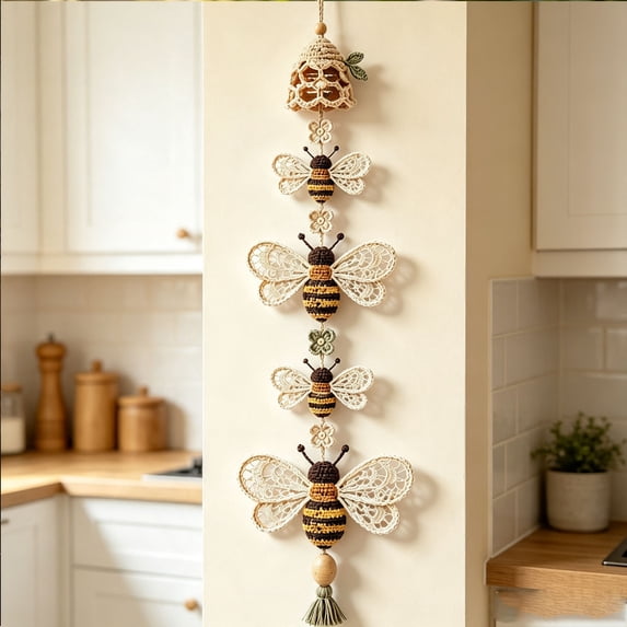 Cute Garden Bees Cascade DIY Crochet Hanging Decoration Kit, 3D Soft Boho Dreamcatcher DIY Set for Beginners Adults Friendly with Wooden Beads and Tassel Decor for Home Wall Window Room Gift