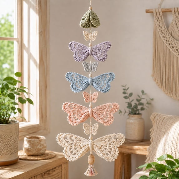Cute Garden Butterfly Cascade DIY Crochet Hanging Decoration Kit, 3D Soft Boho Dreamcatcher DIY Set for Beginners Adults Friendly with Wooden Beads and Tassel Decor for Home Wall Window Room Gift