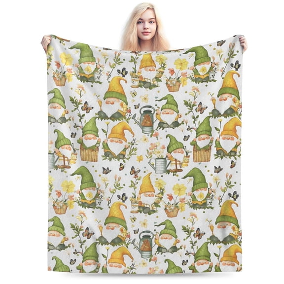 Cute Garden Gnome Fleece Blanket Spring Flower Throw Blankets 60x50