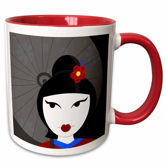 3drose, Cute Geisha Girl with Umbrella - Red and Blue, 11oz Two-tone Red Mug