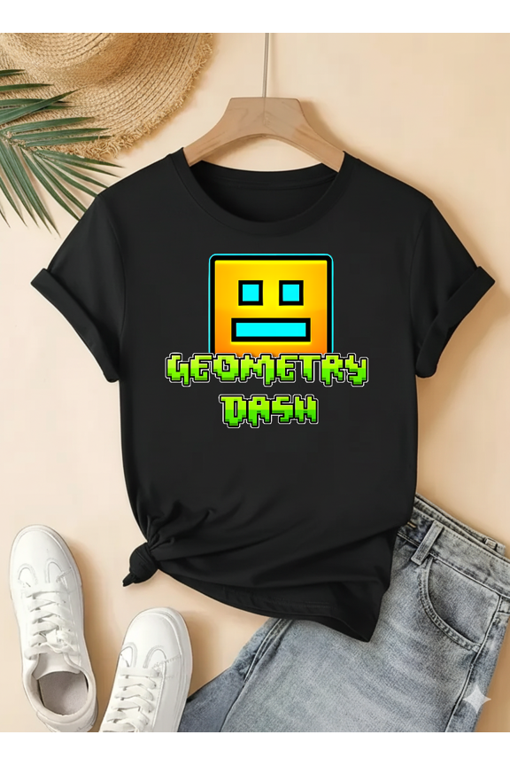 Cute Geometry Dash Funny Colorful Gamer Art Game Style Design Unisex T-Shirt V18025, up to Size 5XL