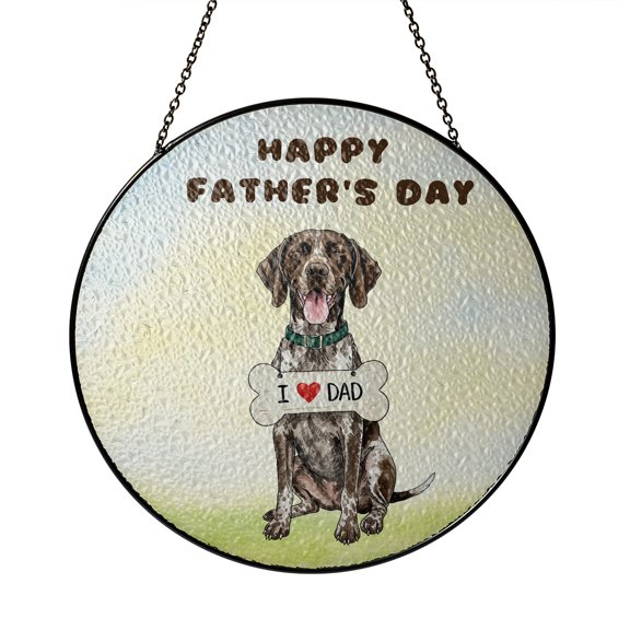 Cute German Shorthaired Pointer Loves Dad Happy Father's Day Stained Glass Suncatcher GSP Lover Dog Gift Window Hanging Sign Decor - 12008