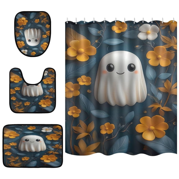 Cute Ghost Bathroom Accessory Curtain Sets Bath Curtain Anti-Slip Mats and Toilet Pad 66x72in