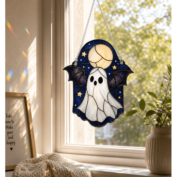 Cute Ghost Acrylic Suncatcher with Bat Wings Moon Stars Halloween Window Decor