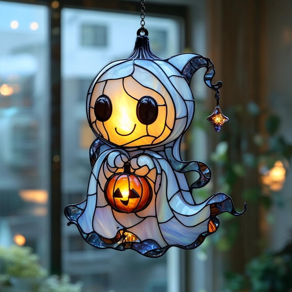 Cute Ghost Acrylic Window Hanging - Halloween Faux Stained Glass Suncatcher With Jack-O'-Lantern And Stars - Adorable Halloween Gift Decor