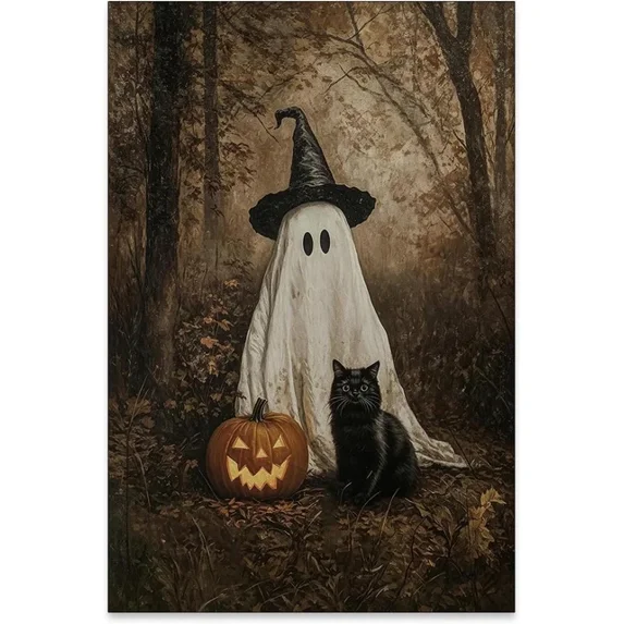 Cute Ghost And Black Cat Spooky Halloween Dark Vintage Poster - Walmart.com