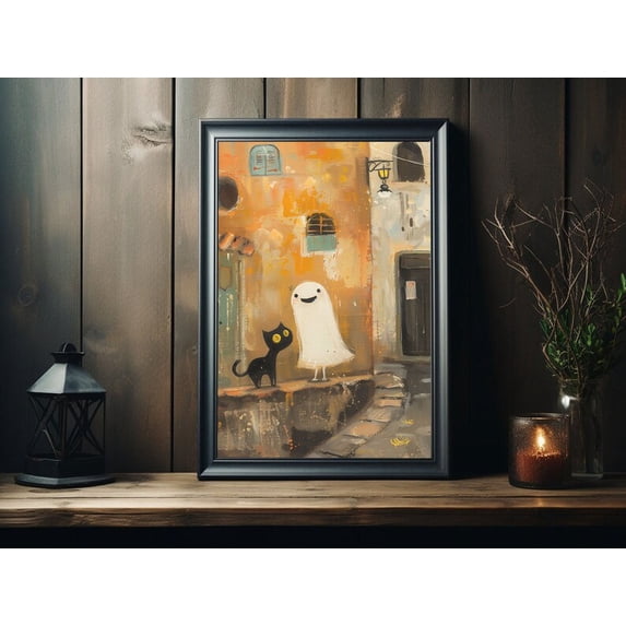 Cute Ghost And Kitten In The Street Poster Print, Halloween Poster, Poster For Halloween, Wall Art Halloween, Cute Ghost Wall Décor