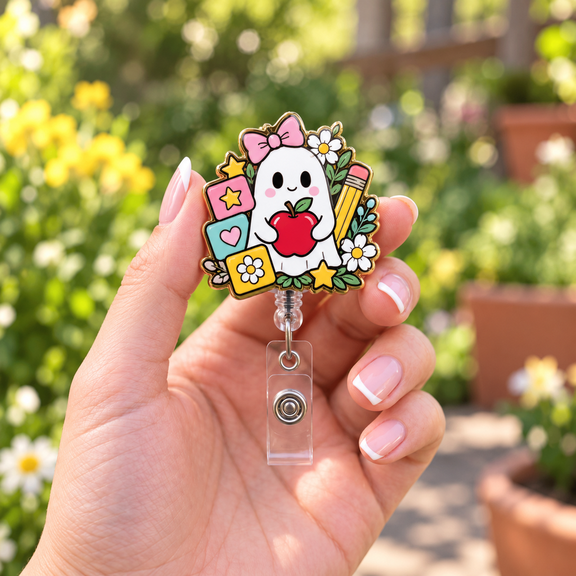 Cute Ghost Apple Pencil Badge Reel ID Holder for Kindergarten Teachers