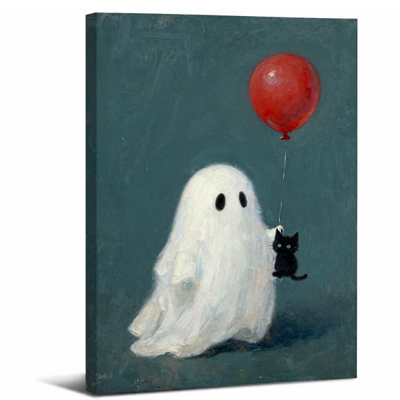 Cute Ghost Balloon Canvas Wall Art Framed,Cozy Halloween Autumn Fall Landscape canvas print for bathroom bedroom or living room decor,8x12in