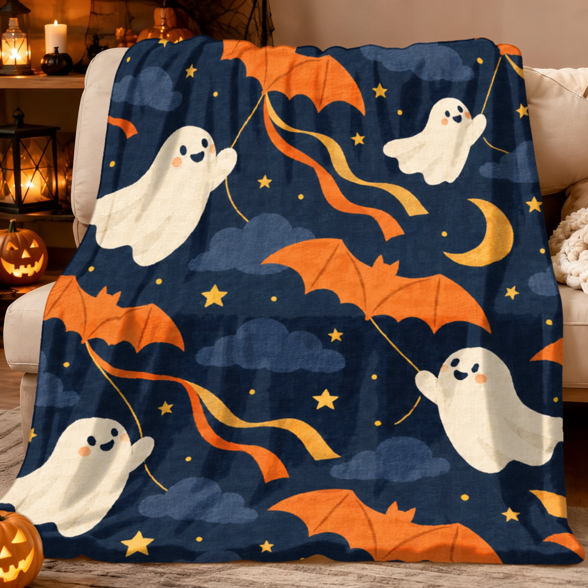 Cute Ghost Bat Pattern Flannel Blanket Soft Polyester Printed Throw ...