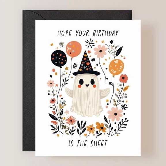 Cute Ghost Birthday Card, Funny Witch Hat Spooky Floral Greeting, Hope Your Birthday Is The Sheet, Whimsical Illustration Card for Friends and Family