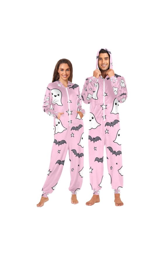 Cute Ghost Bites Adult Onesie Pajamas Slim Fit Christmas One Piece Suit Pjs for Women and Men Hooded Zipper