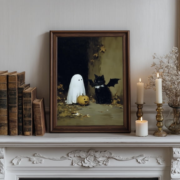 Cute Ghost & Black Cat Gothic Wall Art ‘Pumpkin Pals’, Spooky Gothic Autumn Wall Art, Vintage Spooky Print, Dark Academia Decor, Poster Only