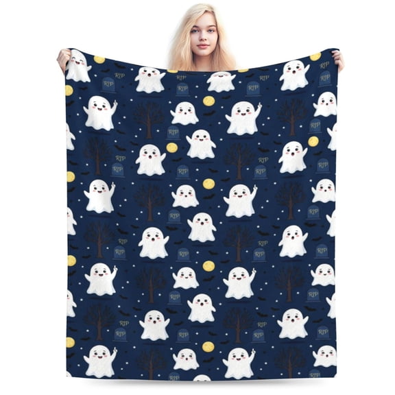 Cute Ghost Blanket Halloween Fall Holiday Decor Gothic White Spirit Throw Gifts for Soft Moon Bat Blankets for Horror Spooky Goth Decoration 50x40