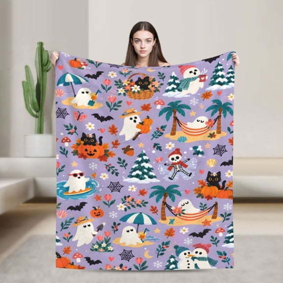 Cute Ghost Blanket Halloween Seasonal Pattern Flannel Throw Blanket Spooky Gift for Women Home Decor 50x40 in