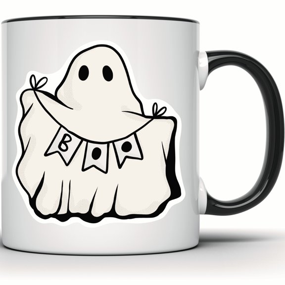 Cute Ghost Boo Mug, Halloween Spooky Season Mug, Funny Ghost Mug, Halloween Gift, Fall Autumn Mug, Gift For Her or Him - 11 Ounce Black Rim Handle Novelty Coffee Cup - WMUG0438-Black Rim