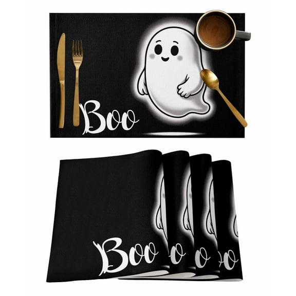 Cute Ghost Boo Placemats Set of 1 Halloween Retro Ghost Classic Decoration Heat Insulation Washable Place Mats, Rustic Non-Slip Table Mats for Dining Table Party Kitchen Decor,13x19 Inch