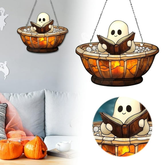 Cute Ghost Book Acrylic Suncatcher Stained Glass Effect Window Car Hanging Christmas Ornament Indoor Outdoor Decor Garden Sun Catcher Panel for Halloween Lover for Women Mom Grandma