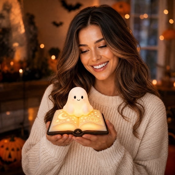 Cute Ghost Book Night Light, Halloween LED Table Lamp for Desk and Shelf, Kawaii Reading Nook Decor and Spooky Party Centerpiece