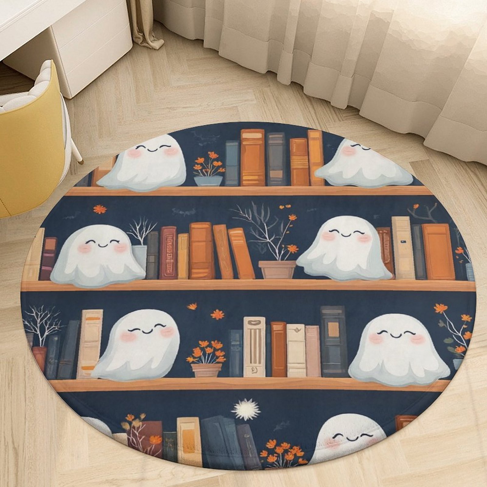 Cute Ghost Bookshelf Pattern Round Area Rugs for Bedroom Living Room ...
