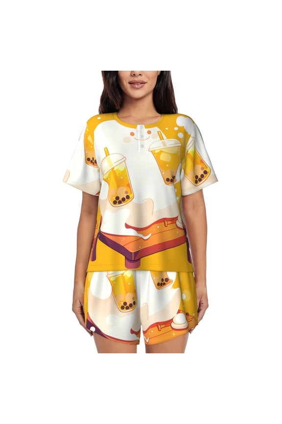 Cute Ghost Bubble Tea Womens Pajamas Short Set Soft Short Sleeve Sleepwear Button Down Pjs Set with Pockets S XXL Medium