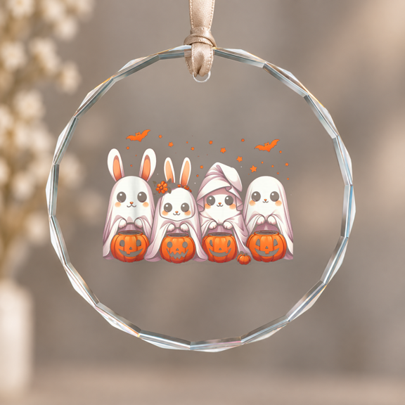 Cute Ghost Bunny Rabbit Theme Ornament, Indoor Decoration, Circle Glass Ornament