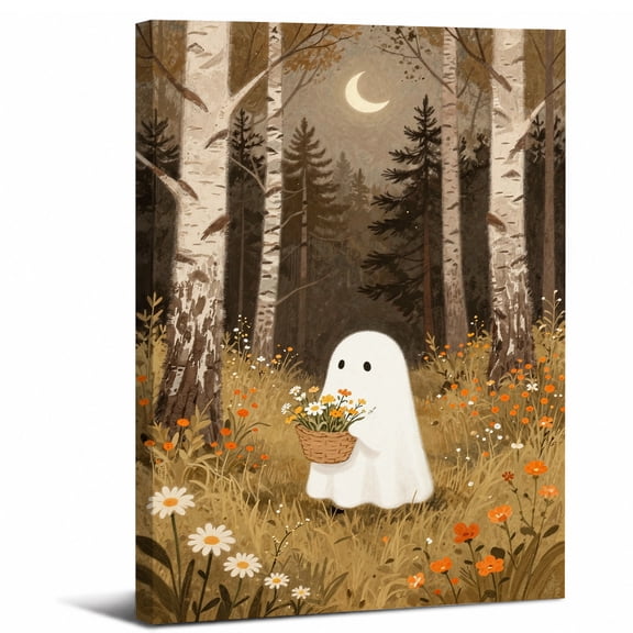 Cute Ghost Canvas Wall Art Framed,Birch Forest Moon Halloween Landscape canvas print for bathroom bedroom or living room decor,16x24in