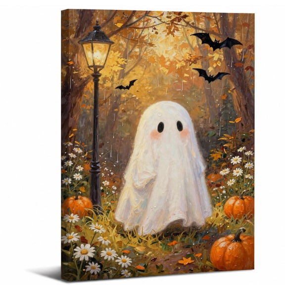 Cute Ghost Canvas Wall Art Framed,Halloween Pumpkin Patch Forest Lantern Landscape canvas print for bathroom bedroom or living room decor,16x24in