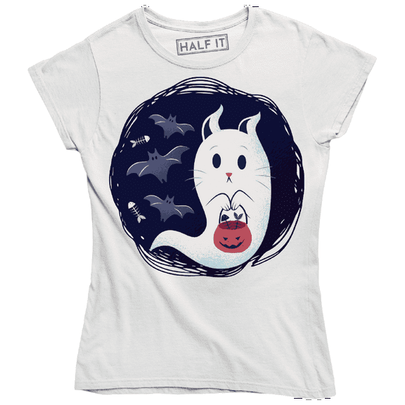 Cute Ghost Cat Holding Pumpkin Bucket With Fish Skeletons And Bats T-Shirt