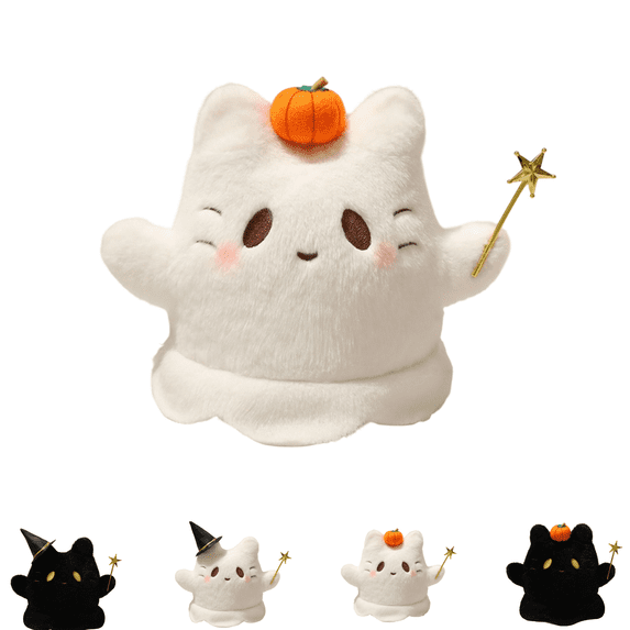 Cute Ghost Cat Plushies, Halloween Black & White Kitten Stuffed Animal with Star Magic Wand Plush Toys, Pumpkin Hat Option, Spooky Halloween Bedroom Ornament Gifts for Kids Girls A