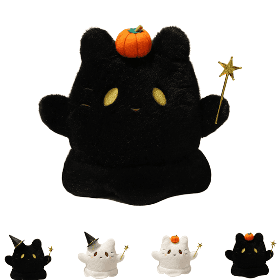 Cute Ghost Cat Plushies, Halloween Black & White Kitten Stuffed Animal with Star Magic Wand Plush Toys, Pumpkin Hat Option, Spooky Halloween Bedroom Ornament Gifts for Kids Girls C
