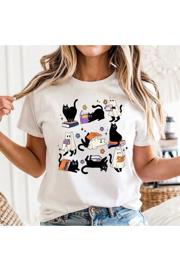 Cute Ghost Cat Reading Books Lover Bookish Halloween Spooky Unisex T-Shirt, Sizes S-5XL - Gategoo