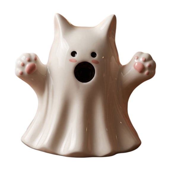 Cute Ghost Ceramic Figurine Halloween White Ghost Statue With Fall Tabletop Decor For Home Mantel Shelf Decorations