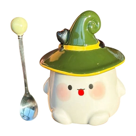 Cute Ghost Ceramic Mug with Witch Hat Lid, Cute Ghost Coffee Cup with Small Cat Decor and Spoon, Halloween Novelty Tea Cup, Unique Gift for Women Girls Friends, Office Home Drinkware, Green