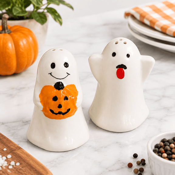 Cute Ghost Ceramic Salt and Pepper Shakers Set, Fall Kitchen and Party Decor