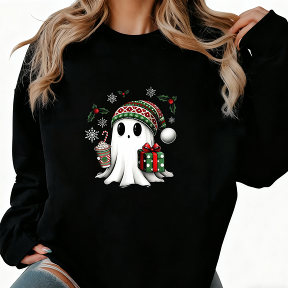 Cute Ghost Christmas Graphic Tee T-Shirt Print Top Fashion and Casual Round-neck long-sleeved Black S-3XL