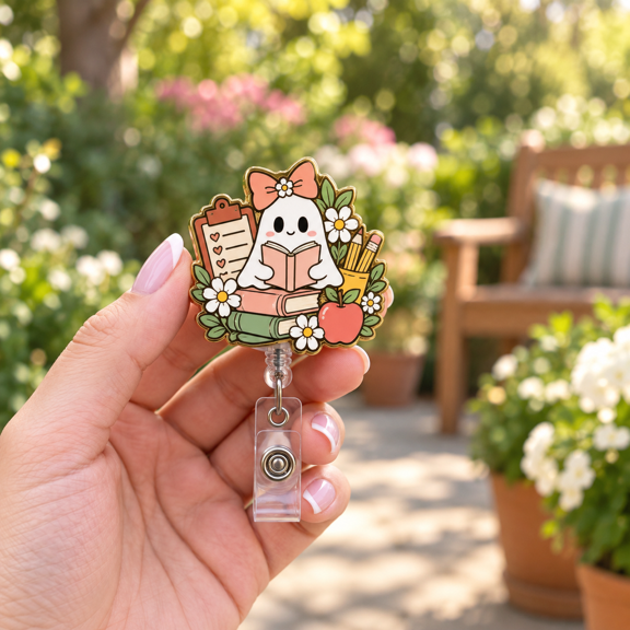 Cute Ghost Classroom Supplies Badge Reel Retractable ID Holder for Teaching Assistants