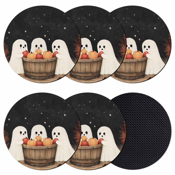 Cute Ghost Coasters Set of 6, Absorbent Coasters for Drinks, Autumn Napkins Harvest Black Night Coaster for Desk Coffee Table Protection, Home Decor House Warming Gifts 4"