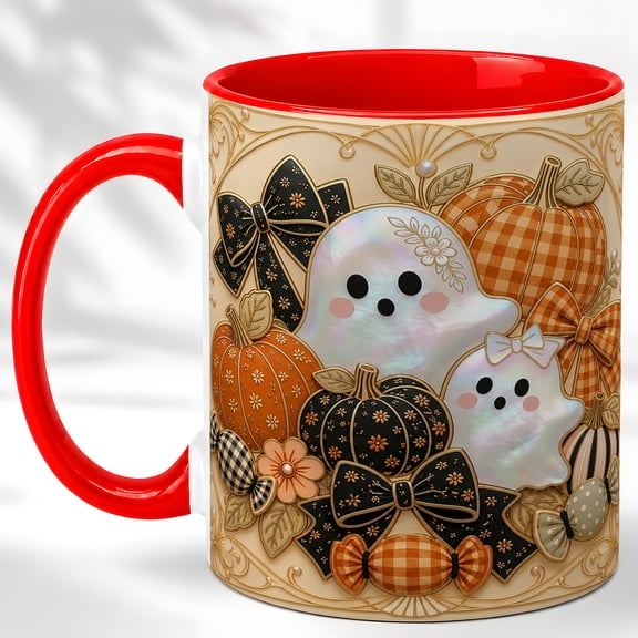 Cute Ghost Coffee Mug, Pumpkin Bow Mug, Ceramic 11 oz