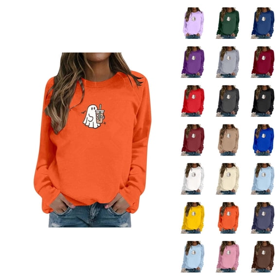 Cute Ghost Coffee Sweatshirts for Women 2025 Long Sleeve Crewneck Cute Graphic Sweatshirt Pullover Tops
