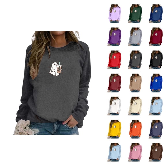 Cute Ghost Coffee Sweatshirts for Women 2025 Long Sleeve Crewneck Cute Graphic Sweatshirt Pullover Tops