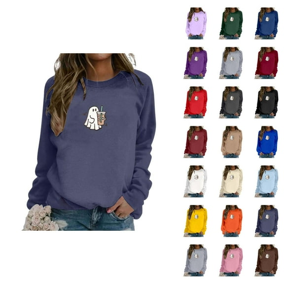 Cute Ghost Coffee Sweatshirts for Women 2025 Long Sleeve Crewneck Cute Graphic Sweatshirt Pullover Tops