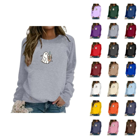 Cute Ghost Coffee Sweatshirts for Women 2025 Long Sleeve Crewneck Cute Graphic Sweatshirt Pullover Tops
