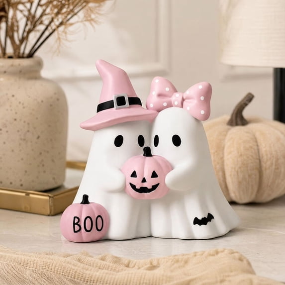 Cute Ghost Couple Halloween Figurine Resin Witch Hat Bow Pumpkin Tabletop Decor for Mantel Shelf Party Home